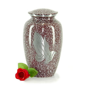 Urna Funeraria de Metal Morado Moteado de Lujo al por Mayor, Jarra Conmemorativa con Elegantes Manos en Oración y Acabado de Esmalte Pulido - Product Image 1