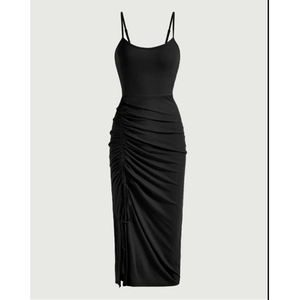 Robe longue de soirée de luxe moulante extensible à fente latérale froncée et drapée, coupe ajustée - Product Image 1