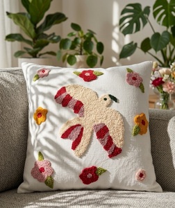 Delicate and Playful Floral-Bird Patterned <b>Cushion</b> <b>Cover</b> with Rich Textured Details - Product Image 4
