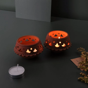 DVI - Lot de 2 - Lampe à bougie artisanale en terre cuite pour votre bureau, table à manger, table d'appoint de la collection Festive - Product Image 2