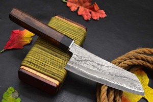 Cuchillo de chef de acero de Damasco hecho a medida, con filo biselado recto, mango de madera, cuchillo de cocina con grosor de 0.6 mm - Product Image 2