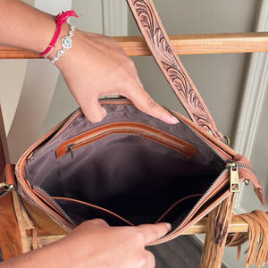 Bolso bandolera de cuero con flecos para mujer, bolso cruzado de cuero de vaca genuino de gran capacidad, diseño Floral, para mujer - Product Image 6