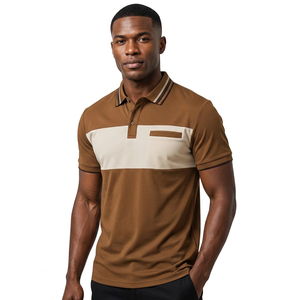 Polo pour homme en maille tricolore marron à manches courtes, décontracté, avec poche - Product Image 3