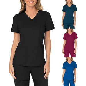 Women V Neck <b>Scrub</b> <b>Top</b> Short Sleeve Black Hospital Uniform Cotton Polyester Woven Fabric - Product Image 6