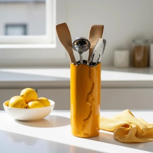 Tall Ceramic Utensil Holder Glossy Marble Vein Glaze Handcrafted Kiln <b>Fired</b> Durable Heat Safe Kitchen Counter Organizer - Product Image 5