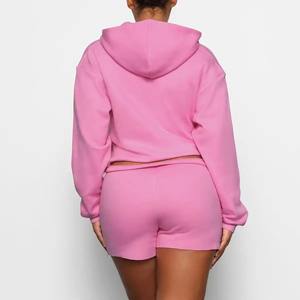 Conjunto de Sudadera y Pantalones Cortos de Felpa con Cuello Redondo y Puños Acanalados para Mujer, Tallas Grandes, Personalizable con Logotipo - Product Image 2