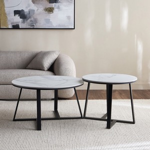 Glow Glossy Brushed Metal Modern Nesting Coffee <b>Tables</b> With <b>Marble</b> Top Contemporary Living Room Furniture - Product Image 5