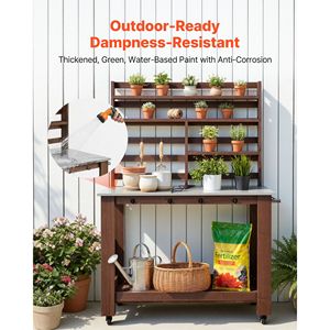 Tavolo da Lavoro per Giardinaggio Esterno 45 x 26 Pollici con Piano in Acciaio Inox, Ripiani Portaoggetti, 4 Ruote e Ganci - Product Image 6