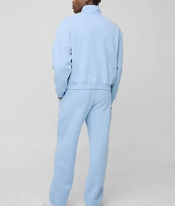 Ensemble de survêtement décontracté pour homme, bleu clair, demi-zip, manches longues, couleur unie, jogging mi-saison 100 % coton - Product Image 6