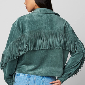 Premium Green Genuine <b>Suede</b> Women <b>Leather</b> Fringe <b>Jacket</b> Button Closure Type Back and Shoulder Fringes Customization Avaible - Product Image 3