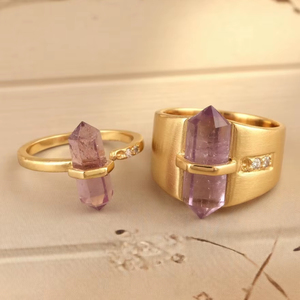 Amethyst Point Crystal Gold <b>Ring</b> | Hexagonal Pencil Stone Jewelry | Vintage Style IGI Certified Buddhism Healing <b>Quartz</b> <b>Rings</b> | - Product Image 1