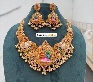Gold Plated Bridal <b>Set</b> Choker <b>Necklace</b> Drop Earrings Tikka Ethnic Kundan <b>Pearl</b> Moissanite Trendy Wedding Engagement Anniversary - Product Image 3