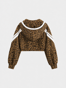 Sweat à capuche court pour femme, imprimé léopard original, avec fermeture éclair, manches rayées, cordon de serrage, en polaire premium doux - Product Image 4