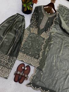 Ensemble de costume Anarkali pour femmes, traditionnel indien pakistanais, en soie brodée, sans plis, extensible, longueur normale, vert - Product Image 6