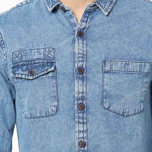เสื้อเชิ้ตแขนสั้นคอกลมผ้าเดนิมสีฟ้าอ่อนสำหรับผู้ชาย สวมใส่สบาย ระบายอากาศได้ดี ทรงปกติ มีกระเป๋าซิป - Product Image 5