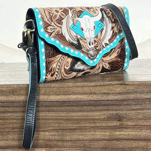 2026 Premium Hand Tooled Cow Leather Mini Crossbody <b>Bag</b> <b>Vintage</b> Style Designer Rfid Skull & Floral Pattern <b>Clutch</b> <b>Bag</b> For Women - Product Image 4