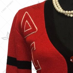 Custom Delta Sorority <b>Red</b> & Black Chenille V-neck Casual <b>Wool</b>/Acrylic Vintage Winter Solid Embroidery Greek Cardigan Sweater - Product Image 3