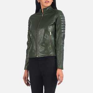 Blouson en cuir vert pour femme avec fermeture éclair, design respirant, entièrement personnalisable et de la plus haute qualité - Product Image 2