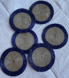 Set of 6 Eco-Friendly Luxury Vintage Beaded <b>Coasters</b> Blue <b>Silver</b> Tribal Boho Decor by Whimsy Art Craft Seed Bead & Cotton - Product Image 1