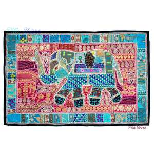 Décoration murale vintage brodée d'éléphants, patchwork perlé, motif animalier pour la décoration intérieure, par les consignataires indiens - Product Image 3