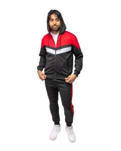 Conjunto deportivo para hombre de 2 piezas, sudadera con capucha y cremallera larga y pantalón con bolsillos laterales, 70% poliéster, 30% algodón, ropa deportiva moderna. - Product Image 1