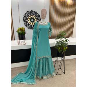 Ensemble Top-Plazzo et Dupatta avec broderie lourde, bleu, taille XL, 950g, pour un look de soirée - Product Image 6