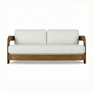 Midcentury Modern Two Seat <b>Wood</b> Garden <b>Sofa</b> with White Cushions Outdoor Furniture - Product Image 1