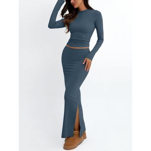 Tenue 2 pièces à la mode pour femmes à manches longues col rond hauts courts et jupe Maxi moulante taille reine pour diverses occasions - Product Image 4