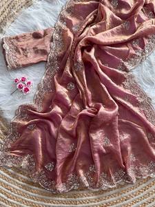 Sari en satin de soie pur et doux avec broderies étonnantes et blouse à multiples bordures brodées pour mariage et fête - Product Image 2