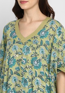 Impresionante vestido caftán verde oliva turquesa hasta el suelo algodón suave cintura Natural cuello en V bloque de mano estampado Floral ropa de salón - Product Image 5