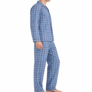 Pyjama d'été décontracté pour homme, respirant, confortable, anti-plis, écologique, ensemble 2 pièces à manches longues à carreaux bleus - Product Image 1