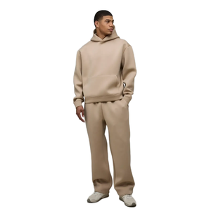Ensemble de survêtement beige à capuche pour homme, coupe ample, manches longues, sweat-shirt et pantalon décontractés, couleur unie, poches latérales, fermeture à cordon - Product Image 4