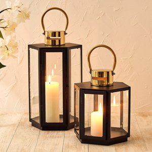 Modern Black Metal Glass Candle <b>Lantern</b> with <b>Gold</b> Handle Decorative <b>Lantern</b> for Indoor Outdoor Home Wedding table top Decor Gift - Product Image 1
