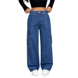 Vaqueros de mezclilla para mujer, estilo moderno y atrevido, azul piedra, multibolsillos, 100% algodón, ecológicos, transpirables, de cintura alta, estilo vintage, a la moda - Product Image 1