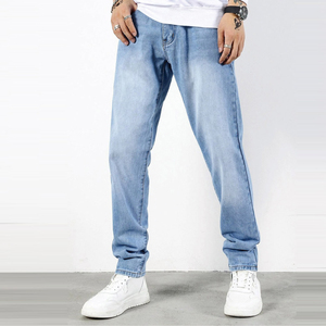 Men's Straight Fit Stonewashed Denim <b>Jeans</b> Light Blue <b>Elastic</b> <b>Waist</b> Casual Style 100% Cotton Breathable Lightweight Spring Wear - Product Image 4