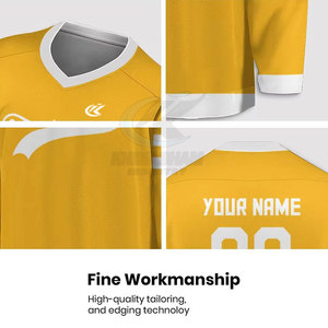 เสื้อฮอกกี้น้ำแข็งสีเหลืองแบบกำหนดเองสำหรับผู้ชาย แขนยาว พิมพ์ลายแบบ Sublimated ระบายอากาศได้ดี โพลีเอสเตอร์ พิมพ์หมายเลขทีม โลโก้ด้านหลัง ทรงปกติสำหรับผู้ใหญ่ - Product Image 5