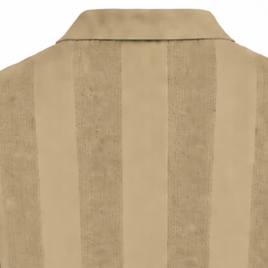 Beige <b>Mens</b> <b>Long</b> <b>Sleeve</b> Knitted <b>Polo</b> <b>Shirt</b> Textured Vertical Stripe Design Ribbed Hem Collar Smart Casual Premium Fashion Top - Product Image 4