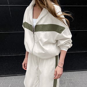 <b>Women's</b> <b>White</b> Olive Colorblock Hooded <b>Tracksuit</b> Full Sleeve Zipper Loose Fit Casual Spring Wear With Side Pockets - Product Image 3