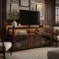 Meuble TV moderne en bois massif avec tiroirs et portes vitrées pour salon et bureau à domicile, couleur café Kona, 65 pouces et plus