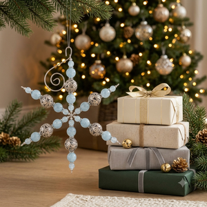 Ornement de Noël flocon de neige bleu perlé fait main, décoration suspendue pour sapin, décoration vintage pour la maison - Product Image 5