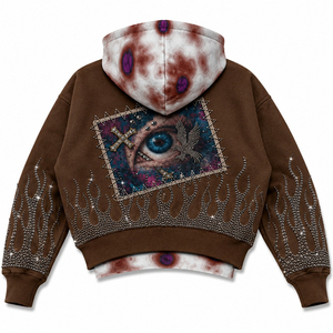 Sudadera con capucha y cremallera para hombre, color marrón, con parches de diamantes de imitación, estilo urbano, de punto, de algodón, talla grande, unisex. - Product Image 4
