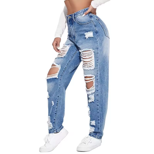 Jeans de Mujer Azul Claro Desgastados, Corte Boyfriend Holgado, de Algodón Denim, Tiro Alto, con Rasgaduras, Lavado Relajado, Estilo Casual - Product Image 2