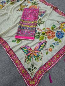 Sari long en chinon crème de qualité supérieure pour femme, broderie florale rose, motif papillon, tenue traditionnelle indienne pour mariage, séchage rapide - Product Image 5