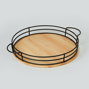 Black Metal <b>Wire</b> & Burnt Wood Serving Trays With Handles Set Of 2 Farmhouse Decorative Ottoman And <b>Coffee</b> <b>Table</b> Trays - Product Image 3