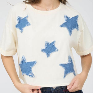 OEM 2026 New Arrival Wholesale Custom Summer Women's Denim Star Patch Short Sleeve Knit <b>T</b>-<b>shirts</b> Made by TRIOTAKE INDUSTRY - Product Image 1