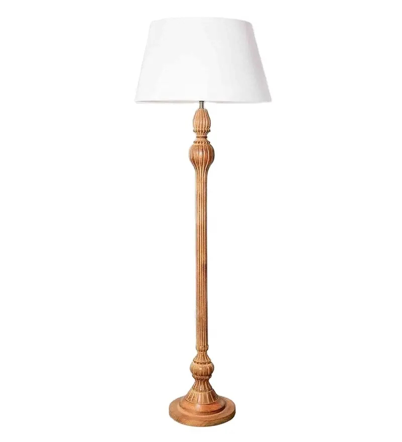 Best Quality White Fabric Shade Floor Lamp With Brown Wooden Base .
