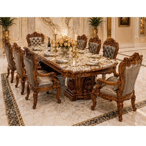 Muebles de Comedor Estilo Sudeste Asiático, Juego de Mesa y Sillas de Madera Tallada a Mano para 8 Personas, Decoración Clásica para el Hogar - Product Image 1