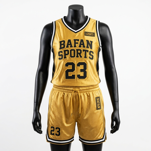 Ensemble short et maillot de basket en mesh polyester respirant Elite 180 GSM, panneaux contrastés or et noir, logo personnalisé par transfert thermique - Product Image 3