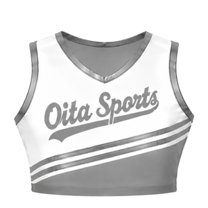Maillot de cheerleading gris sans manches, coupe courte, respirant, uniforme sportif, tenue d'entraînement personnalisée pour équipe, vêtements de performance athlétique - Product Image 1