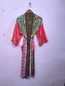 Robe kimono en soie patchwork, veste bohème, paréo de plage d'été avec col en V et fermeture à cordon, tissu respirant - Product Image 5